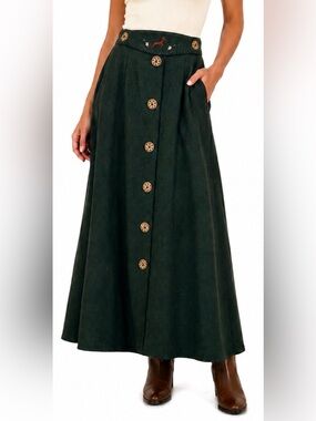 Vintage Country Line Wool Blend Maxi Pleated Skirt Green Embroidered Fall Winter